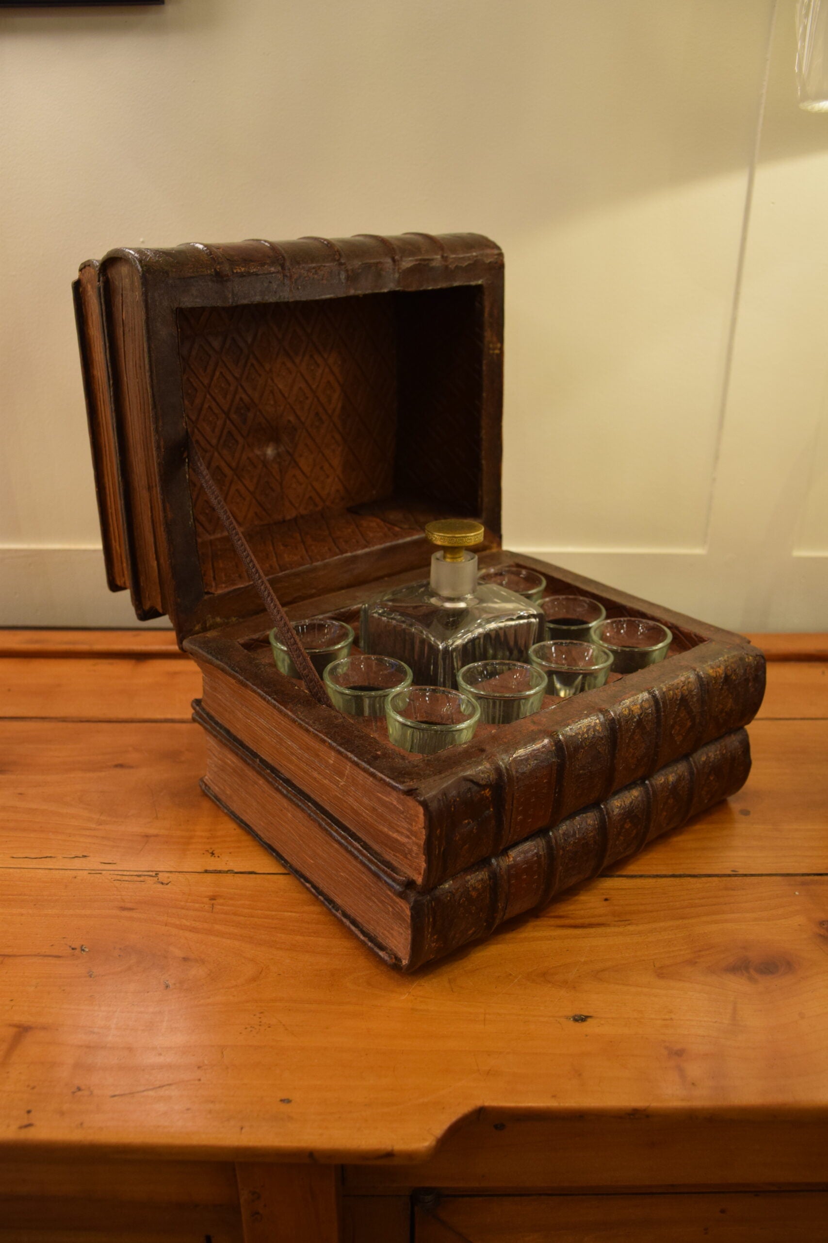 French Early 1900s Stack of Leather Books Tantalus Liquor / Drinks Box