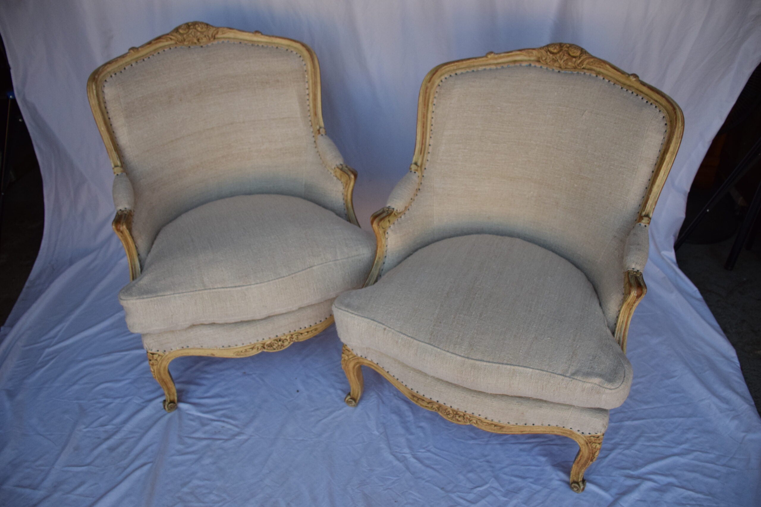 Pair of Bergere Chairs with French Linen Upholstery