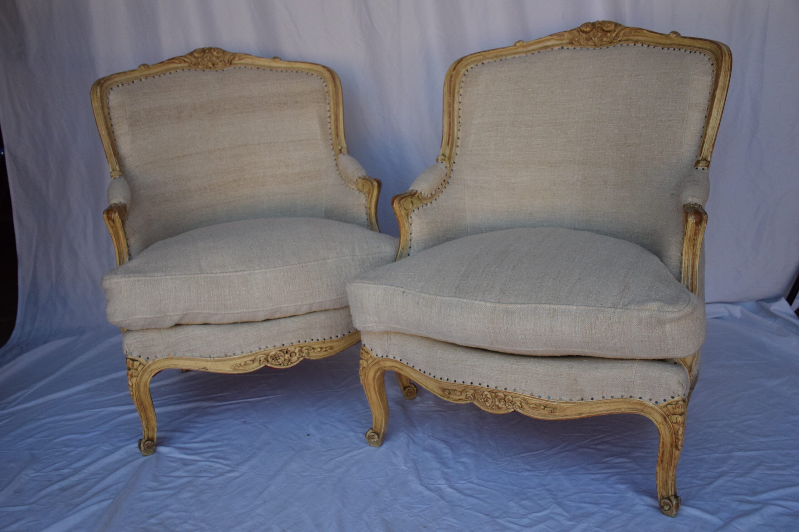 Pair of Bergere Chairs with French Linen Upholstery