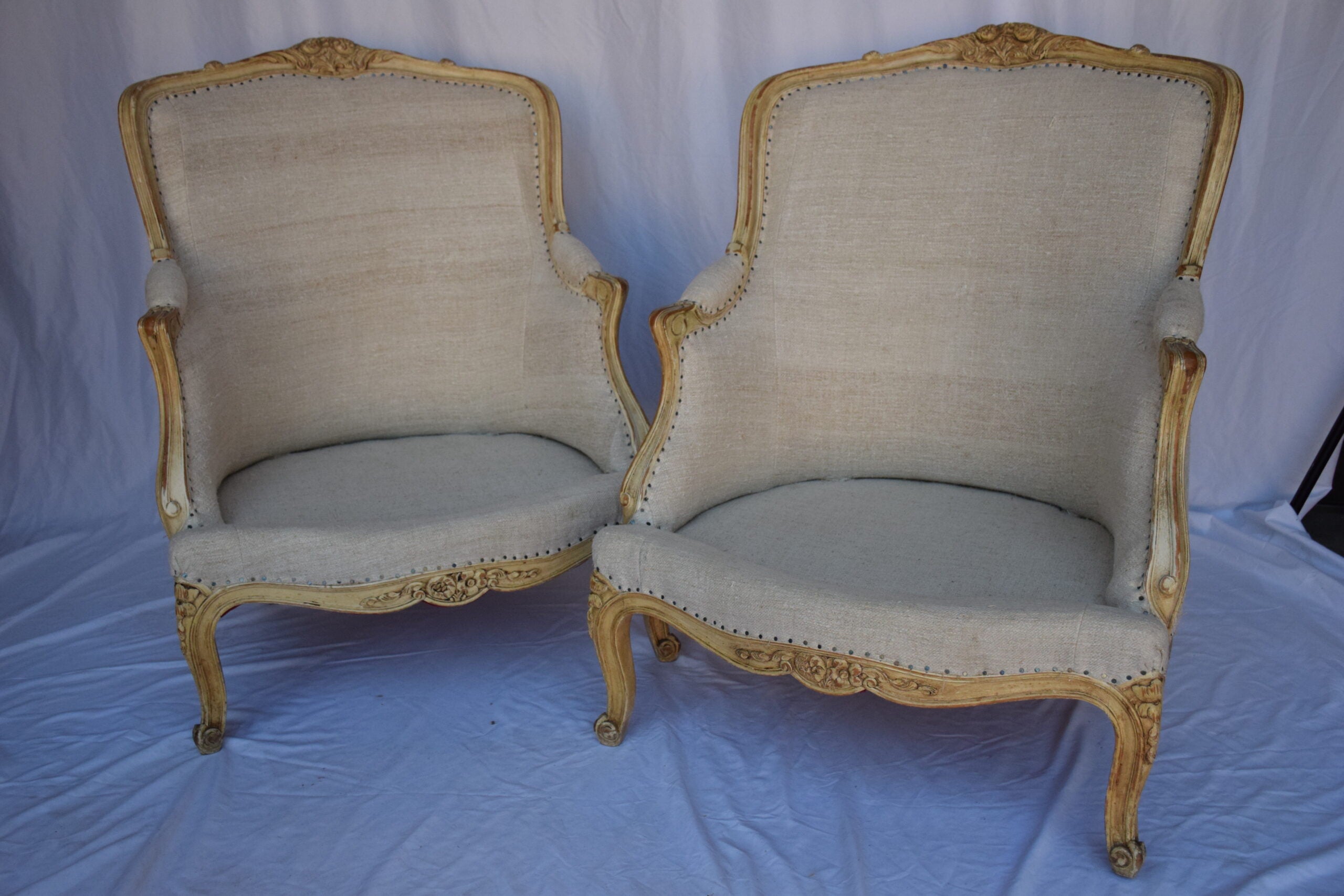 Pair of Bergere Chairs with French Linen Upholstery