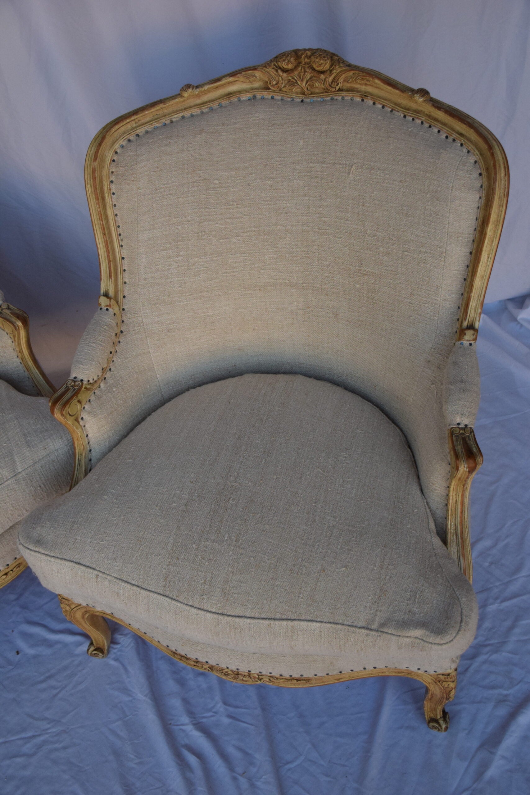 Pair of Bergere Chairs with French Linen Upholstery