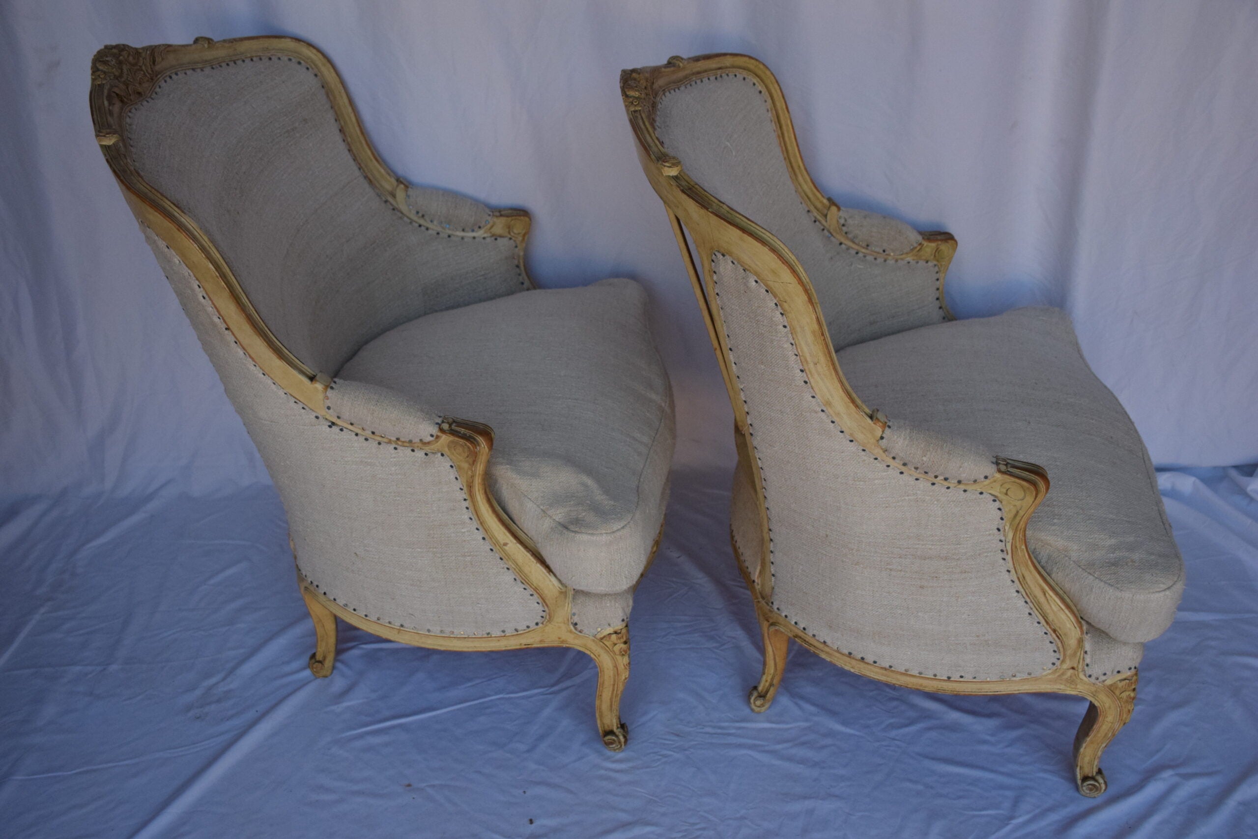 Pair of Bergere Chairs with French Linen Upholstery