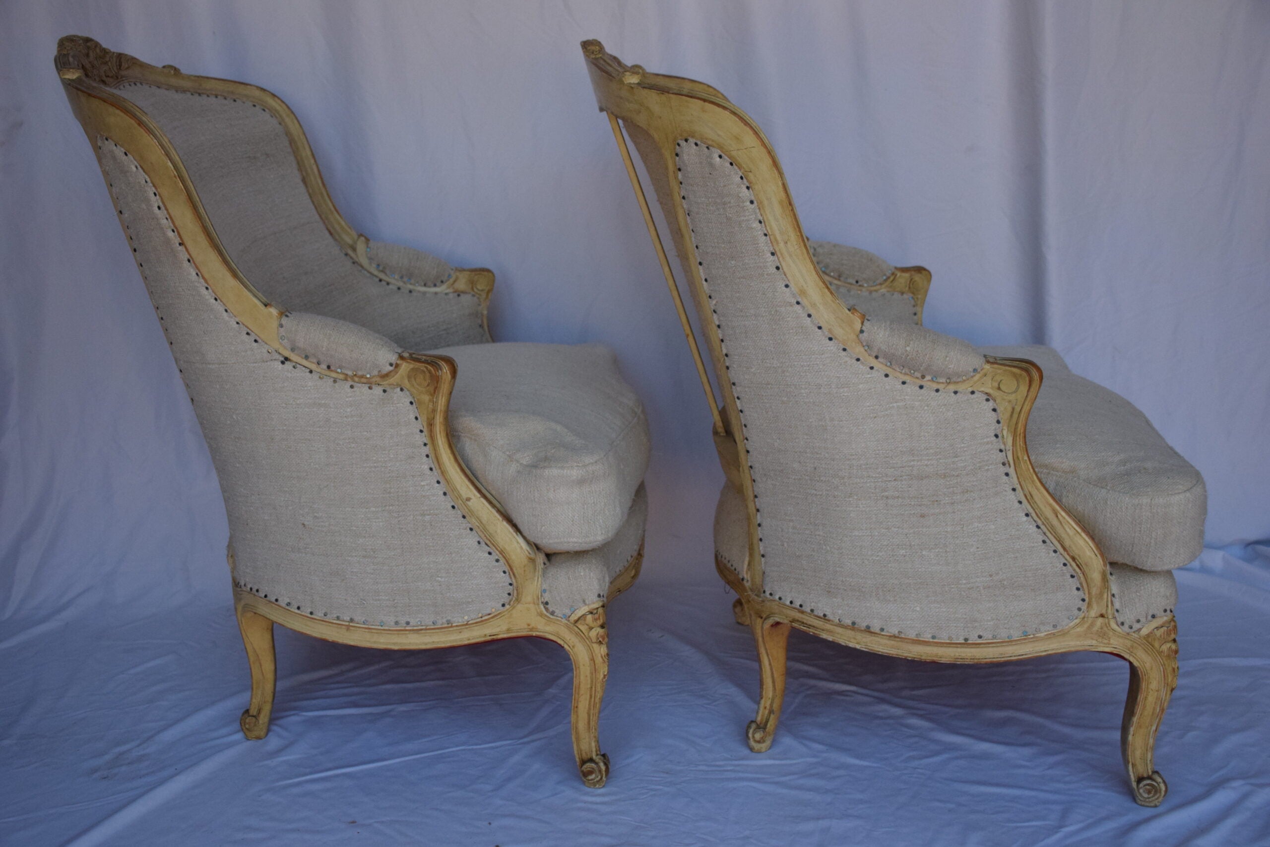 Pair of Bergere Chairs with French Linen Upholstery