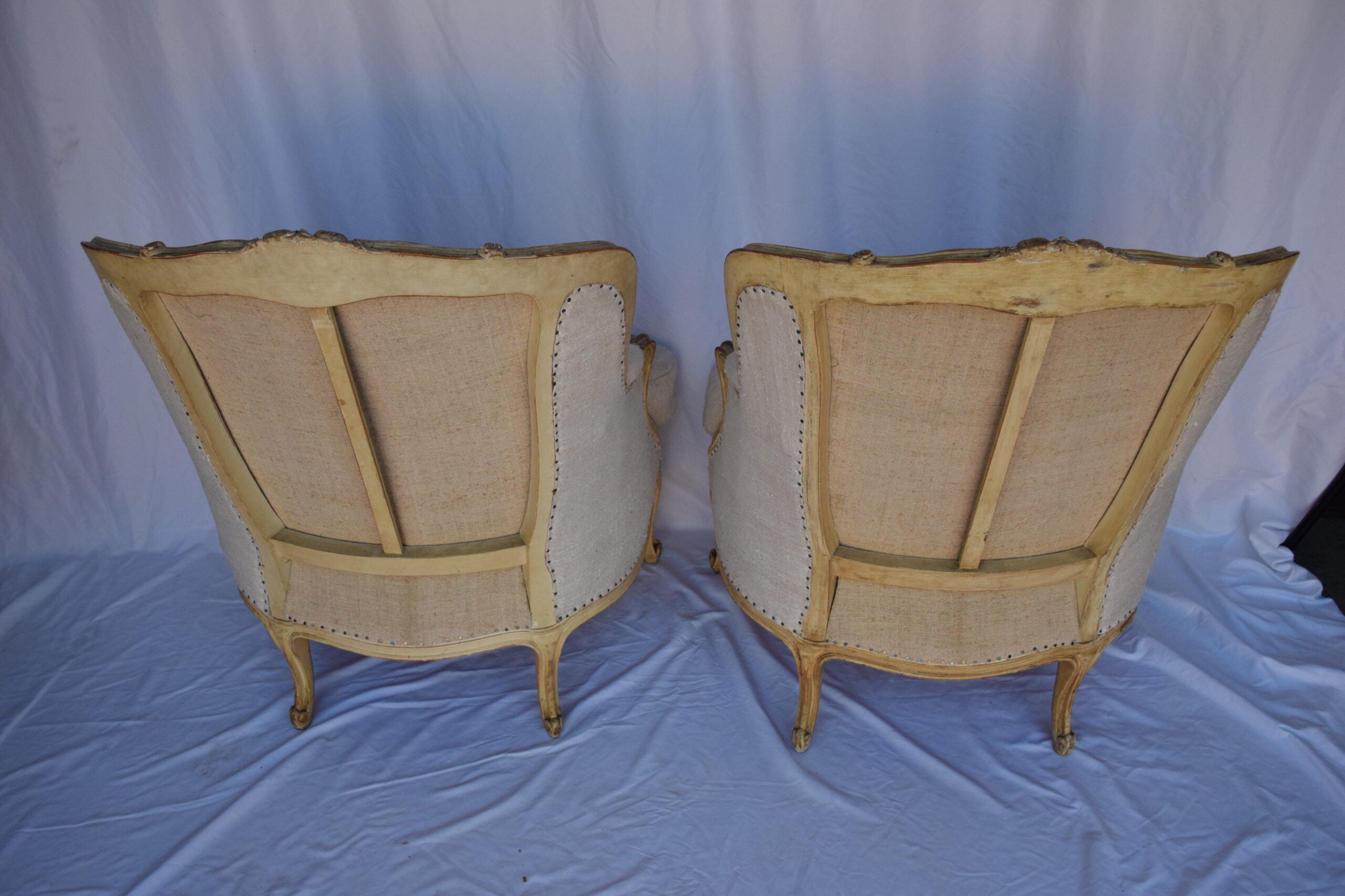 Pair of Bergere Chairs with French Linen Upholstery