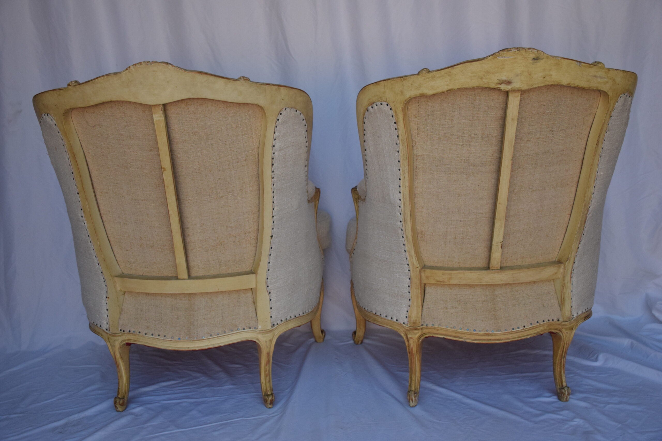 Pair of Bergere Chairs with French Linen Upholstery