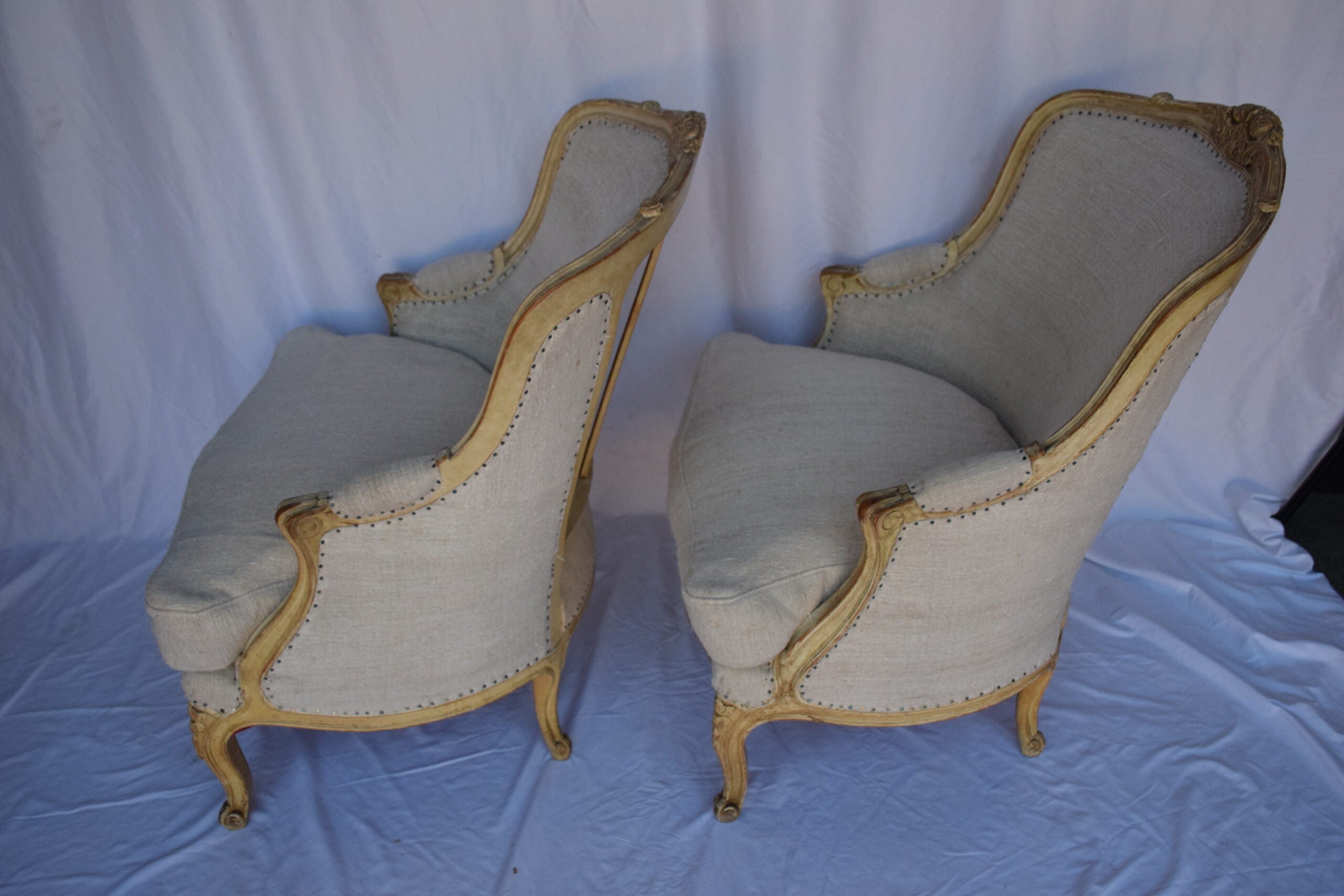 Pair of Bergere Chairs with French Linen Upholstery