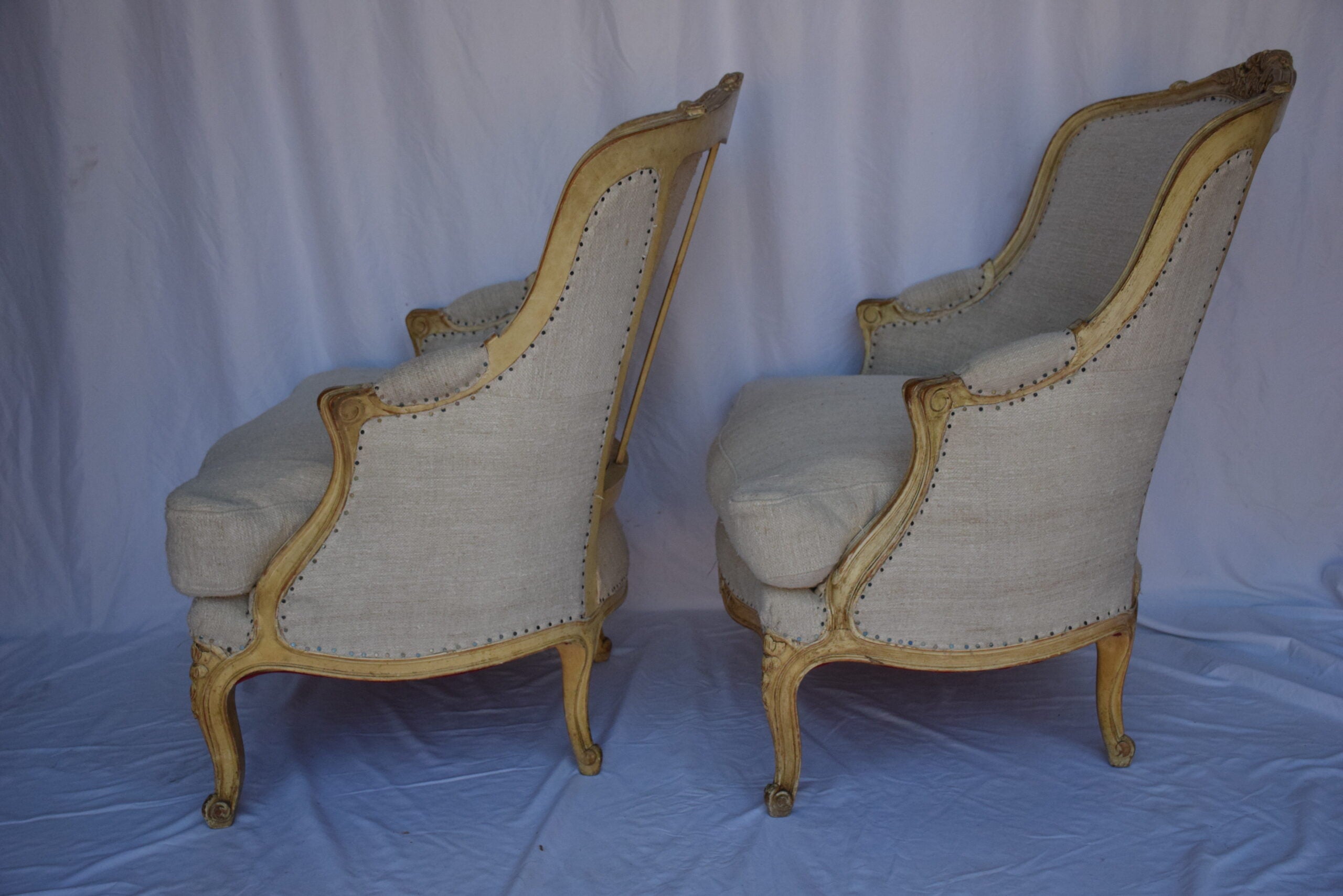 Pair of Bergere Chairs with French Linen Upholstery