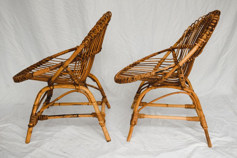 Pair of Franco Albini Style Bamboo Lounge Chairs c. 1950's