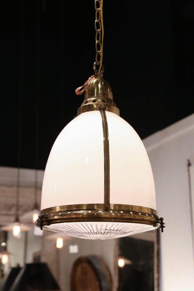 Antique Opaline Pendant Light with Clear Etched Glass and Capped with Brass