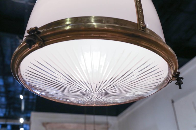 Antique Opaline Pendant Light with Clear Etched Glass and Capped with Brass