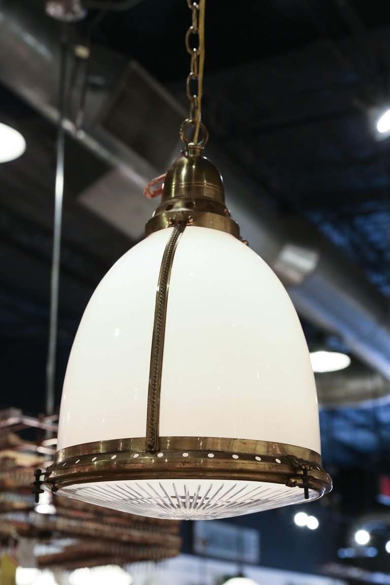Antique Opaline Pendant Light with Clear Etched Glass and Capped with Brass